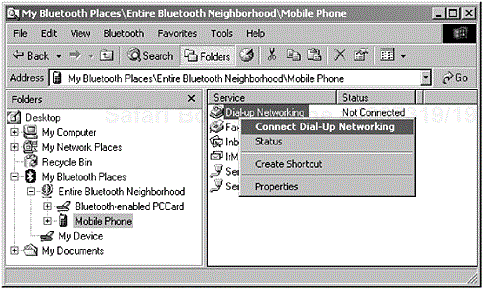 Right-clicking the devices icon causes a pop-up menu to appear offering the ability to connect to the device; in this illustration, we can see the user connecting to a service which is offering dial-up networking capabilities. (Courtesy of TDK Systems Europe.)