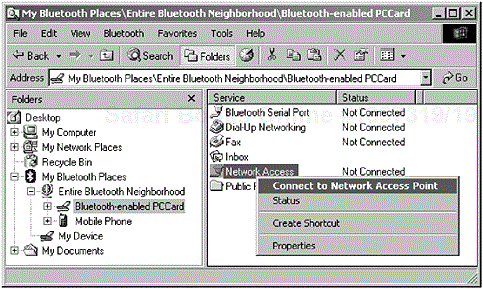 Right-clicking the devices icon causes a pop-up menu to appear, offering the ability to connect to the device. In this illustration, we can see the user connecting to a service, which is offering LAN capabilities. (Courtesy of TDK Systems Europe.)