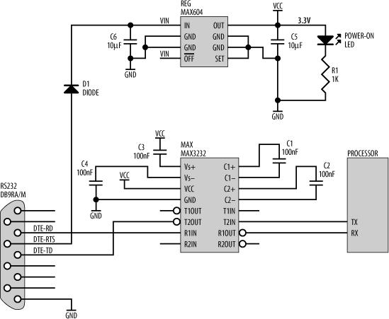 Using RTS as a power source in a low-powered embedded system