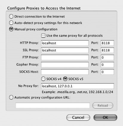 Privoxy proxy settings for Firefox under Mac OS X