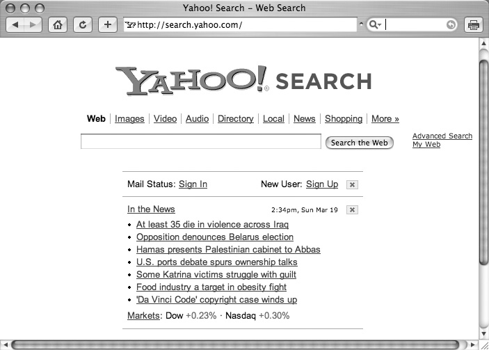 Like most search sites, Yahoo follows Google’s lead in placing its search box front and center, with links to other categories clearly arranged above. It also manages to squeeze in a few links to news stories and the closing market prices (in case you’re wondering what’s going on in the world while you search the Web).