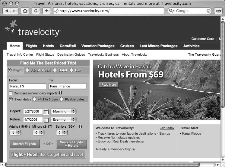 Travelocity invites you to find a flight right off the bat with its prominently placed flight-search box. If there’s no major airport in your town, the site gives you a list of all the ones nearby. Once you pick an airport, you can see all the fares to your desired destination.