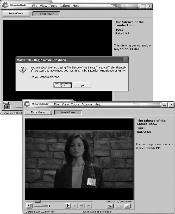 When you rent a download from Movielink, the software tells you what you have and how long you have to play it (top). Once you click the Play button, the show begins. You can watch your movie in the mini-window (bottom) or click to expand the picture to the full width of your computer screen.