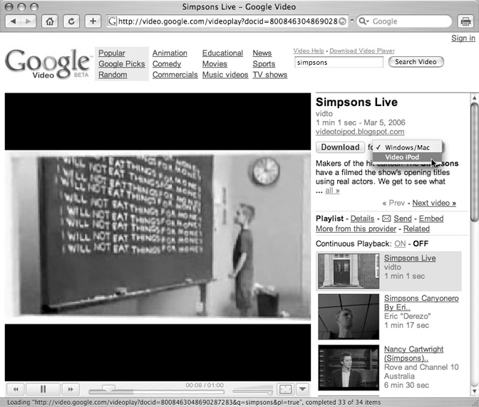 After you click a video’s thumbnail, Google takes you to a larger version that you can play onscreen, and, in some cases, download to a computer or portable video player. Information about the video is listed on the right side of the screen, and the ubiquitous search box is up top to help you find what you’re looking for.