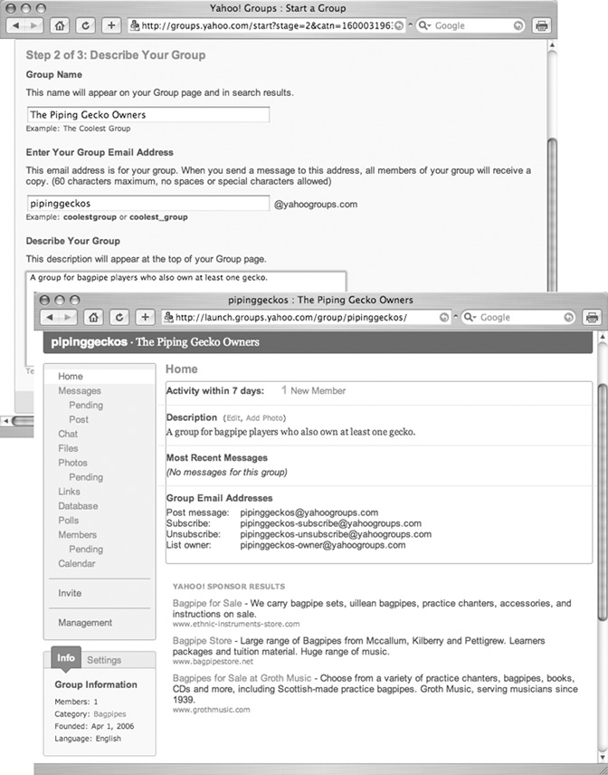 Top: You can create your own Yahoo Group in just three easy steps. On this screen, you name your group and give a precise description so other people can find it when they search.Bottom: Once your group is created, Yahoo gives members a page to use as a home base, complete with the group’s mailing list address and places to post photos, chat, exchange files, and look at a group calendar.