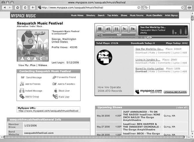MySpace has become an online hangout for millions of people, most of them teens and young adults, who all post their profiles, photos, and other personal details in order to make new friends. Emerging bands, artists, and filmmakers also use MySpace as a place to announce their projects, like the music festival shown here that includes MP3 song samples.