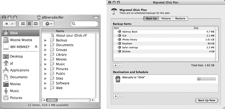 Left: Like other online file-storage options, Apple’s iDisk service for .Mac members gives you another drive in your list to use for stashing copies of your important documents. If you need more than 1 GB, you can buy up to four gigabytes for $100 a year.Right: The Backup program included with any .Mac subscription gives you plenty of choices about where, when, and what to back up—including data dumps to your iDisk online storage space