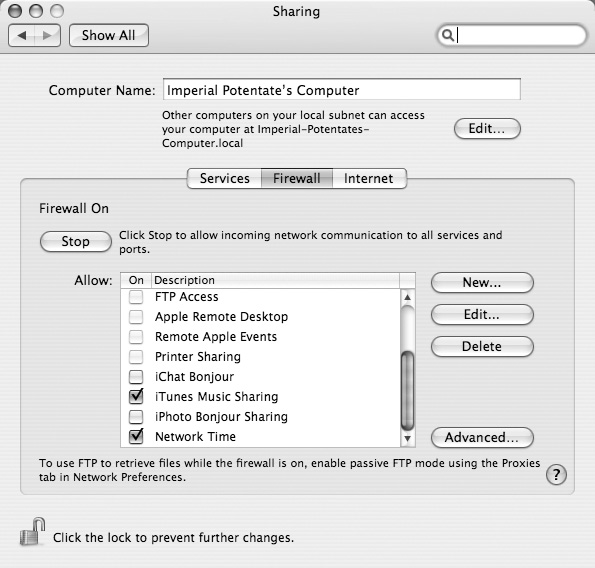 Mac OS X starts out fully barricaded against Internet intrusions. However, you can let programs and services through the firewall by simply selecting them in the Firewall tab on the Sharing preferences window.