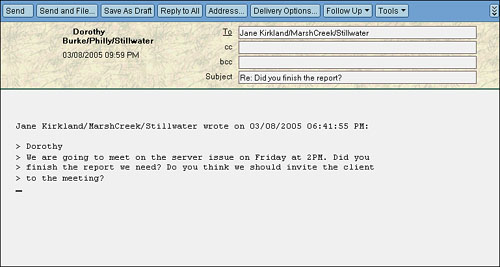 Using Reply with Internet Style History results in a more compact and easier to read email memo for Internet mail users. Notice the line of text added by Notes, indicating the original author and date sent.