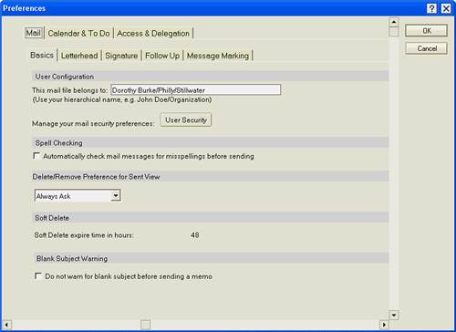 The Preferences dialog box is divided into three sections—Mail, Calendar & To Do, and Access & Delegation—which display as tabs on the first row of the Preferences box.