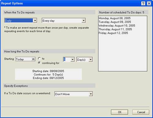 The Repeat Options dialog box is the same dialog box you see when you create a repeating calendar entry, such as a meeting.