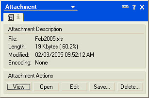 The Attachment Properties box provides details about the file and enables you to view, open, edit, save, or delete the attachment.