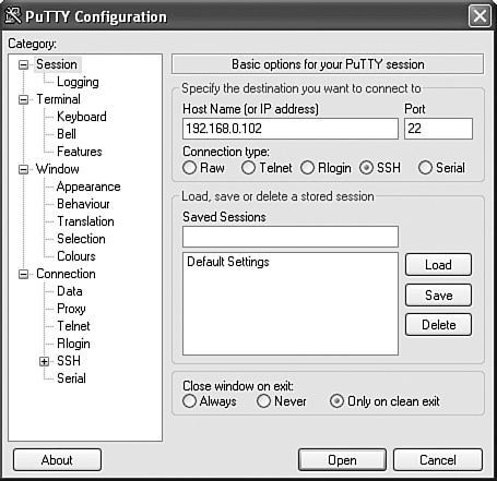 The PuTTY Configuration window