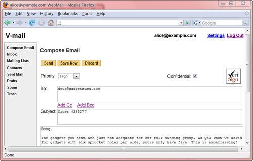 E-mail sending security interface