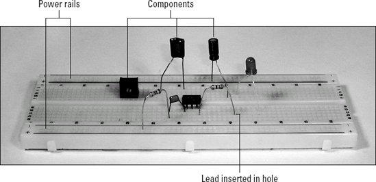 Component leads are inserted into the breadboard holes. Strips of contacts under the holes allow other components to be connected at the same point.
