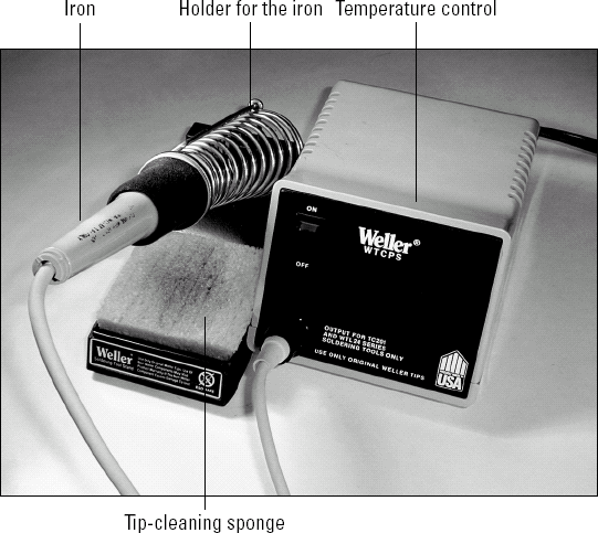 A soldering station: iron, temperature control, holder for the iron, and tip-cleaning sponge.