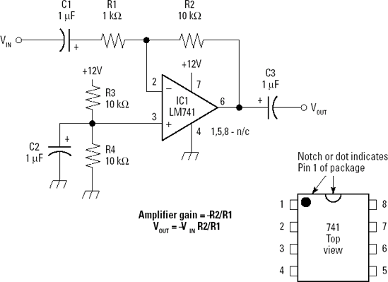 The schematic for a simple audio amplifier circuit using an op-amp IC.