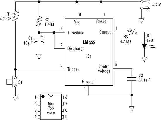 The schematic shows the configuration for a 555 timer IC to output a single positive pulse whenever switch S1 is closed. The length of the output pulse is 1.1 × R2 × C1 seconds.