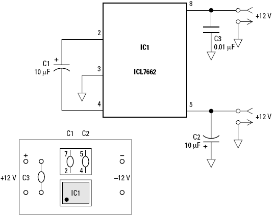 The ICL7662 converts voltages from one polarity to another by rapidly switching the terminals of a capacitor used to store charge.