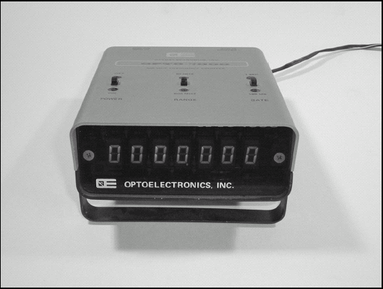 A basic counter used for field and bench measurements. Designed for use with radio signals, this counter shows frequencies as high as 500 MHz.