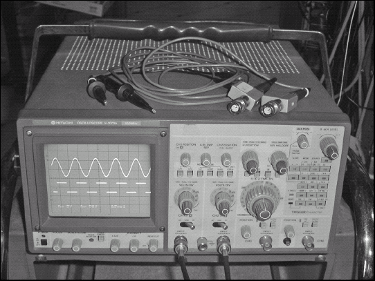 An oscilloscope displays a signal's amplitude versus time. This allows a circuitbuilder to see the exact characteristics of the signal in order to test or troubleshoot a circuit. Test probes (on top of the instrument) connect the 'scope to the circuit being tested.