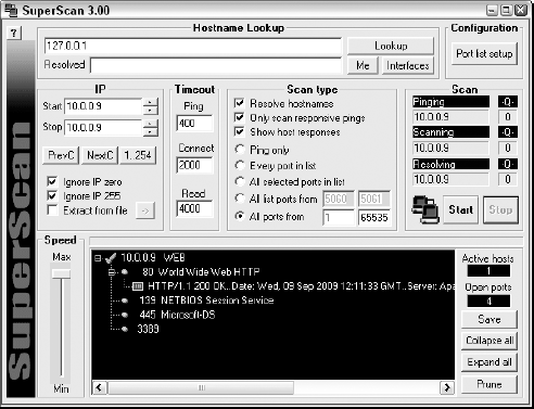 Port scanning a Windows Server 2003 system with SuperScan.