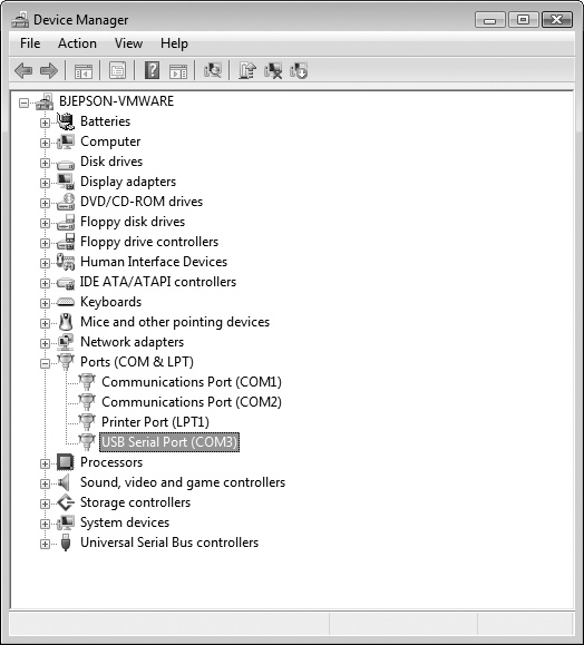 The Windows Device Manager showing all available serial ports