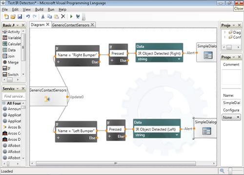 The VPL design tool features a drag-and-drop interface for creating robotics applications.