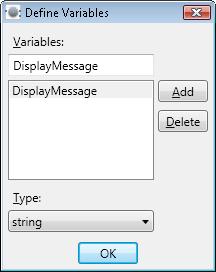 The Define Variables dialog box is used to define a new variable in a VPL application.
