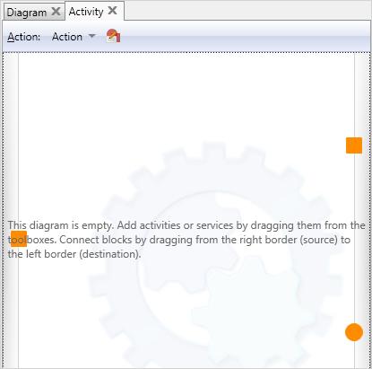 The activity design surface includes orange squares and a circle to represent the input and output data values as well as notifications.