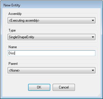 While in edit mode, the New Entity dialog box is used to add new entities to a simulation scene.