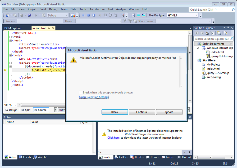 Visual Studio provides some helpful debugging for certain errors.