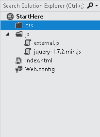 Two folders created with Solution Explorer to hold CSS and JavaScript files.