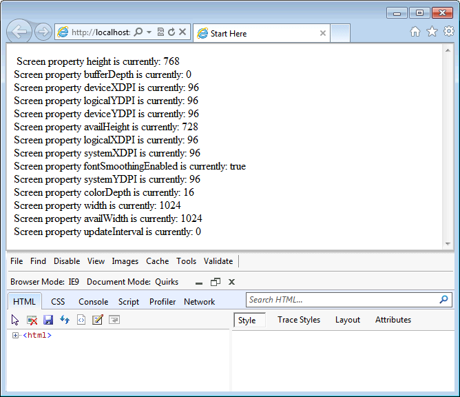 Screen properties in Internet Explorer 9.