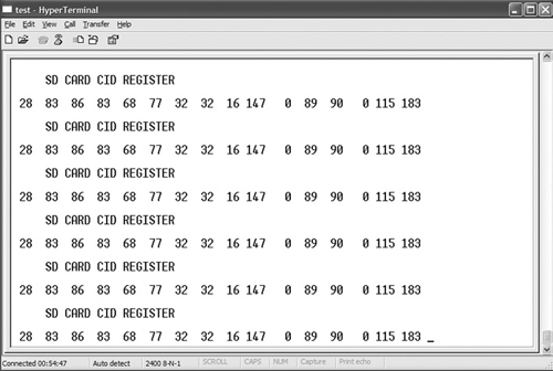 An example output from the project on HyperTerminal