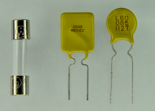 A classic single-use fuse (left) versus PPTC self-resetting circuit protection devices (right)