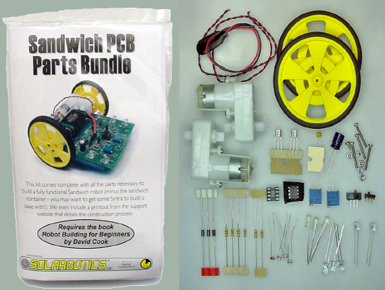 The Sandwich PCB Parts Bundle includes motors, wheels, printed circuit board, and electronics.