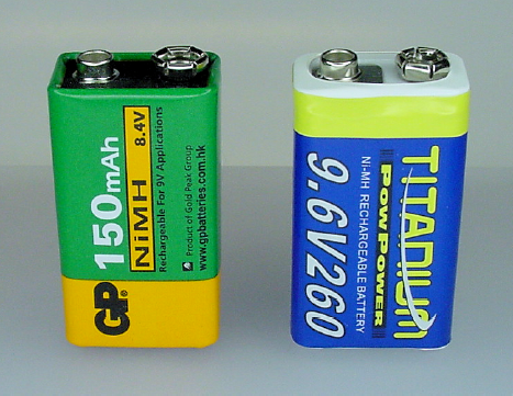 Nickel-metal hydride rechargeable 9 V batteries. Left: low-end 8.4 V 150 mAh. Right: high-end 9.6 V 260 mAh.
