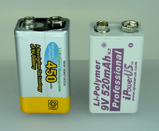 Lithium-polymer rechareable 9 V batteries