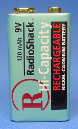 Nickel-cadmium rechargeable 9 V battery