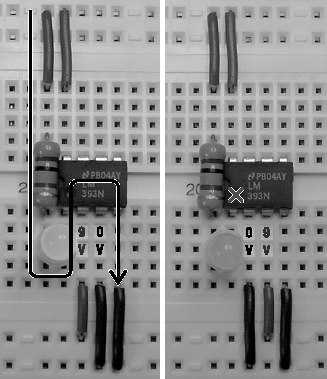 Left: When pin 2 has a higher voltage (for example, 9 V) than pin 3 (for example, 0 V), then pin 1 is switched to the negative end of the battery, thus allowing power to flow. Right: However, when pin 2 has a lower voltage (for example, 0 V) than pin 3 (for example, 9 V), then pin 1 is disconnected, thus preventing power from flowing.