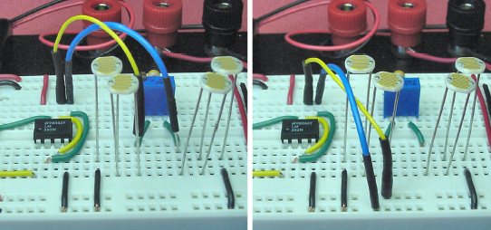 Moving the comparator input's jumper wire from the sensor test points (left) to the power supply buses (right)