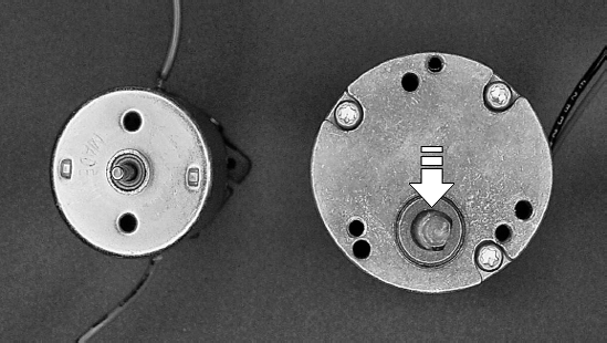 Centered shaft on a plain motor (left) versus the offset shaft on a gearhead motor (right)