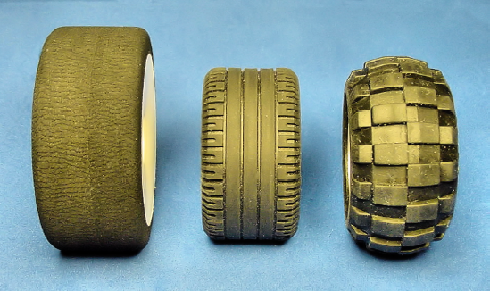 Tread designs (left to right): Slick, grooved, and knobby
