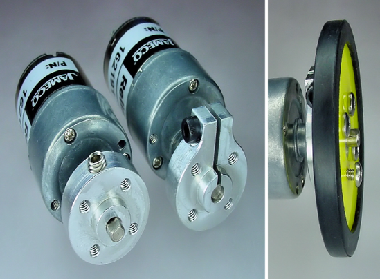 The set-screw hub (first motor) and clamping hub (second motor) connect the motor shaft to a ready-made wheel (right)
