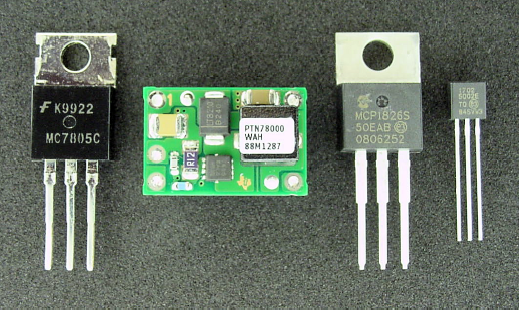 Robot-friendly voltage regulators: (left to right) classic 7805, high-efficiency PTN78000 switching-regulator, low-dropout MCP1826, and low-dropout MCP1702 in a compact package.