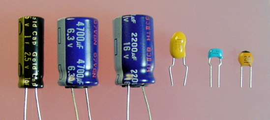 Various capacitors: (left to right) 2.5 V 1 F electrolytic, 6.3 V 4700 μF electrolytic, 16 V 2200 μF electrolytic, 10 μF tantalum, 0.1 μF monolithic ceramic, 24 pF ceramic disc