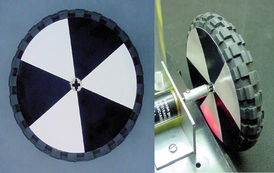 A black and white patterned disc for determining wheel or shaft rotation