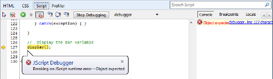 The JavaScript debugger breaking on an error
