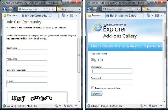 The signup and login pages of the IE Add-Ons Gallery